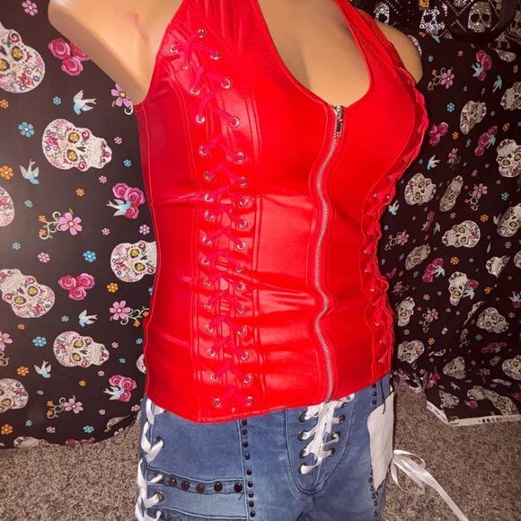 Lydia USA Cross Back Corset Top Red - Picture 2 of 3